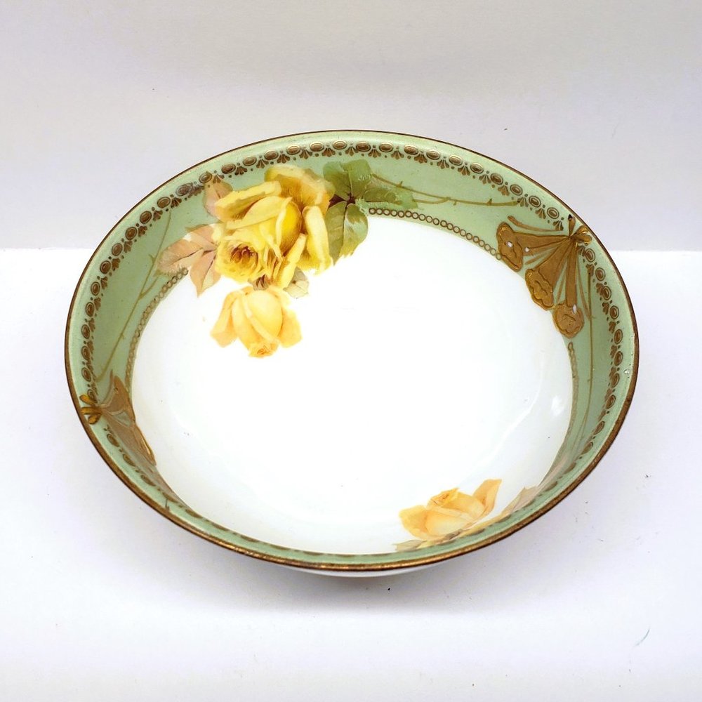 Antique RS Reinhold Schlegelmilch Yellow Rose Bowl Germany Footed Gilt 5.5"